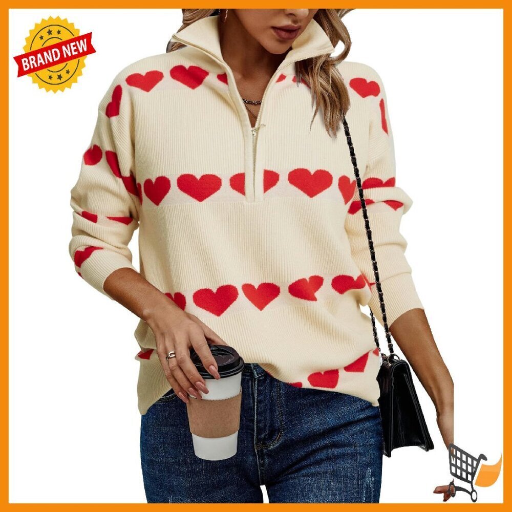 Women's Quarter Zip V-Neck Pullover Sweater Ribbed Knit Loose Fit